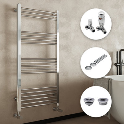 Chrome Bathroom Straight Heated Towel Rail Radiator 600 x 1600 Corner Thermostatic Valves with Pipe Covers & Air Bleed Valve