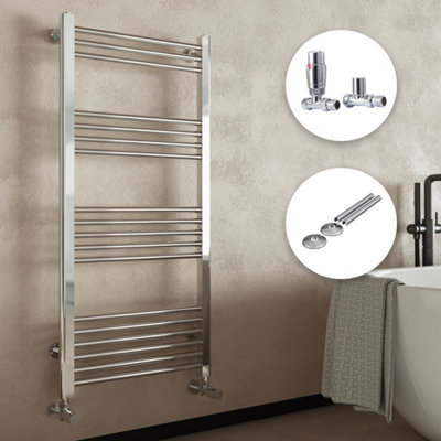 Chrome Bathroom Straight Heated Towel Rail Radiator 600 x 800 Straight Thermostatic Valves with Pipe Covers & Collars
