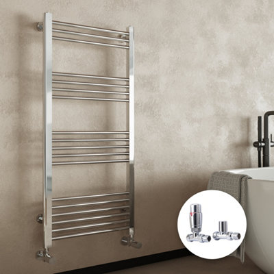 Chrome Bathroom Straight Heated Towel Rail Radiator 600 x 800 & Straight Thermostatic Valves