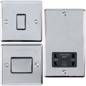 CHROME Bathroom Switch Set -1 Light - 1 Fan Isolator - 1 Twin Shaver Socket