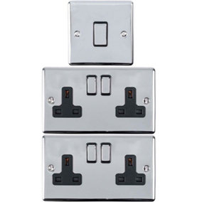 CHROME Bedroom Socket & Switch Set - 1x Light & 2x Double UK Power Sockets