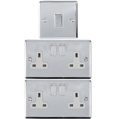 CHROME Bedroom Socket & Switch Set- 1x Light & 2x Double UK Power Sockets