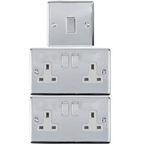 CHROME Bedroom Socket & Switch Set- 1x Light & 2x Double UK Power Sockets