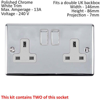CHROME Bedroom Socket & Switch Set- 1x Light & 2x Double UK Power Sockets