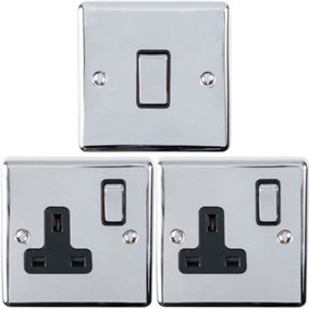 CHROME Bedroom Socket & Switch Set - 1x Light Switch & 2x UK Power Sockets