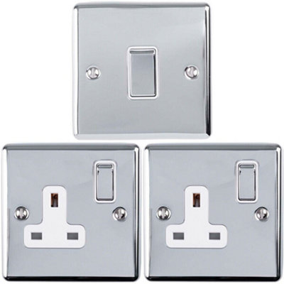 CHROME Bedroom Socket & Switch Set- 1x Light Switch & 2x UK Power ...