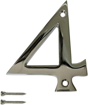 Chrome Door Numbers 3 Inch Screw On Numerals Times New Roman For Wooden, uPVC & Composite Doors (Number 4)