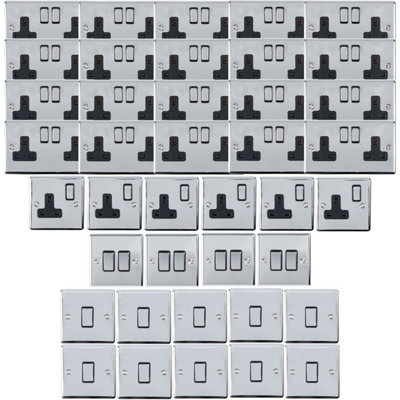 CHROME House Socket & Switch Set -14x Light & 26x Switched UK Power Sockets