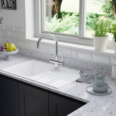 Chrome-plated boiling water tap in a kitchen.