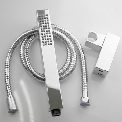 Chrome Rectangle Shower Head Handset with Flexible Hose and Wall Bracket Holder