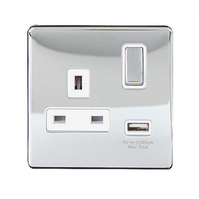 Chrome Screwless 13A & 2.1A USB Charger 1-Gang Plug Socket