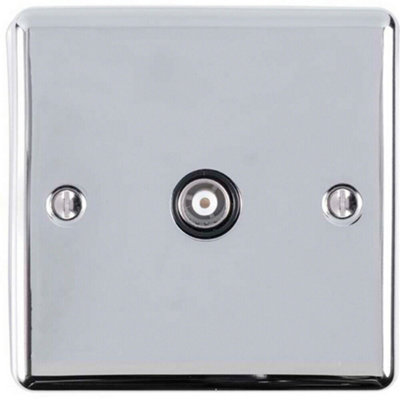 CHROME Single Aerial Satellite Coaxial Socket Female Wall Plate Black Trim