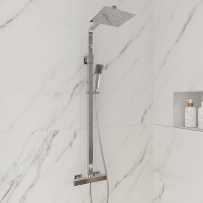 Chrome Square Thermostatic Rainfall Overhead Rigid Riser Shower Kit & Handset - Solid Brass