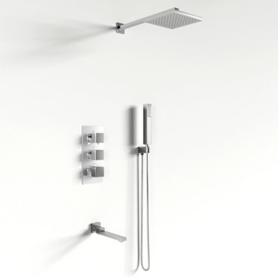 Chrome Square Wall-mount 3 Way Handheld Head and Rainfall Shower Head Concealed Thermostatic Mixer Shower Set