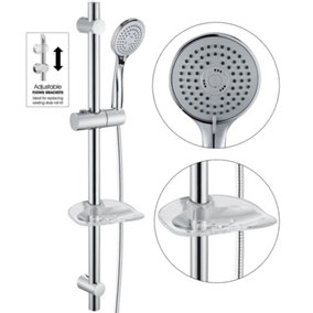 Chrome Stainless Steel Shower Riser Rail Kit + Shower Head + Hose + Soap Dish