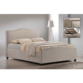 Chrome Studded Sand Fabric Side Ottoman Style Bed Frame - Double 4ft 6"