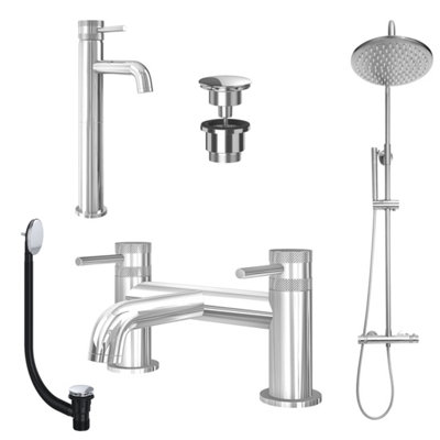 CHROME TALL BASIN MIXER TAP, BATH FILLER AND RIGID RISER SHOWER WITH ...