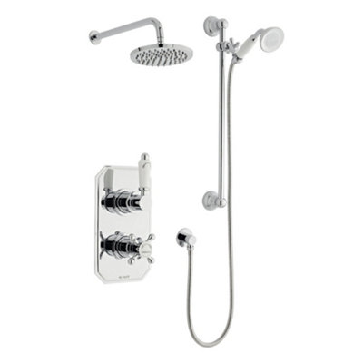 Chrome Thermostatic Concealed Mixer Shower With Wall Mounted Slide Rail Kit & Overhead Drencher (Ocean) - 2 Shower Heads