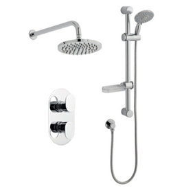 Chrome Thermostatic Concealed Mixer Shower With Wall Mounted Slide Rail Kit & Overhead Drencher (Stream) - 2 Shower Heads