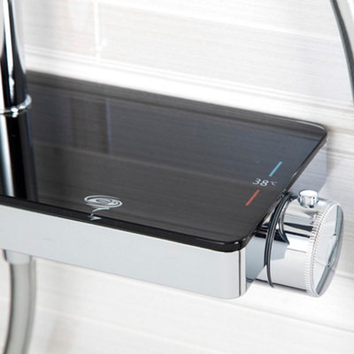 Chrome Thermostatic Rigid Riser Overhead Shower Kit with Tempered Glass Mixer Valve Shelf - Black Trim - 3