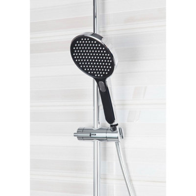 Chrome Thermostatic Rigid Riser Overhead Shower Kit with Tempered Glass Mixer Valve Shelf - Black Trim - 4