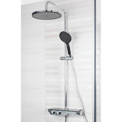 Chrome Thermostatic Rigid Riser Overhead Shower Kit with Tempered Glass Mixer Valve Shelf - Black Trim - 6