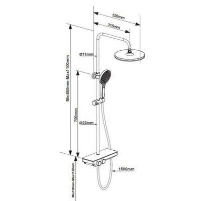 Chrome Thermostatic Rigid Riser Overhead Shower Kit with Tempered Glass Mixer Valve Shelf - Black Trim - 7