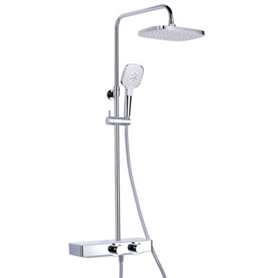 Chrome Thermostatic Rigid Riser Overhead Shower Kit with Tempered Glass Mixer Valve Shelf - White Trim