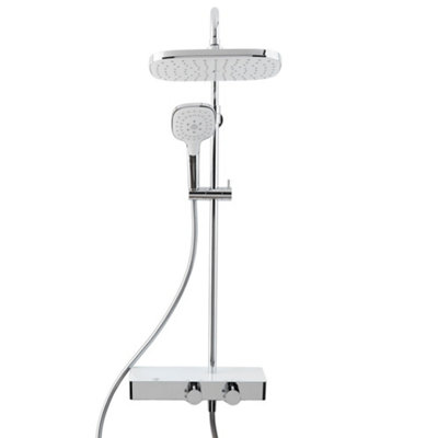 Chrome Thermostatic Rigid Riser Overhead Shower Kit with Tempered Glass Mixer Valve Shelf - White Trim - 5