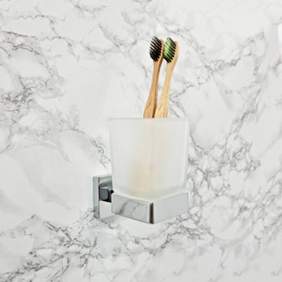 Chrome Toothbrush Holder with Glass Cup Wall Mounted Bathroom Accessories