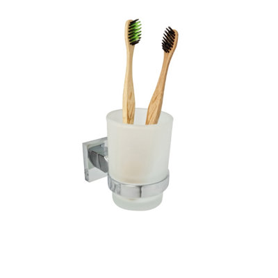 Chrome Toothbrush Holder with Glass Cup Wall Mounted Bathroom Accessory