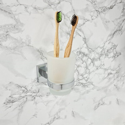 Chrome Toothbrush Holder with Glass Cup Wall Mounted Bathroom Accessory - 3