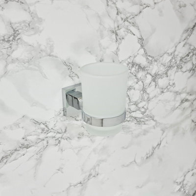 Chrome Toothbrush Holder with Glass Cup Wall Mounted Bathroom Accessory - 4