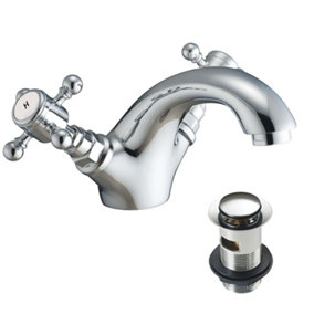 Chrome Traditional Basin Tap Crosshead Handles Solid Brass & Slotted Waste