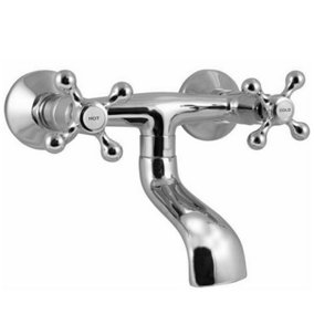 Chrome Traditional Victorian Wall Mounted Bath Filler Mixer Tap - Crosshead Handles