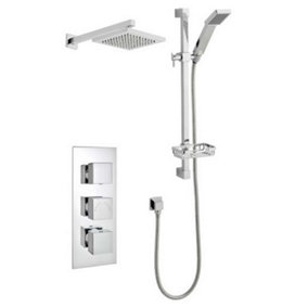 Chrome Triple Thermostatic Concealed Mixer Shower With Wall Mounted Slide Rail Kit & Overhead Drencher (River) - 2 Shower Heads