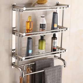 Chrome Wall Mounted Metal Bathroom Shelving Shower Organizer with Towel Rail Rack and Hook