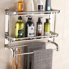 Chrome Wall Mounted Stainless Steel Bathroom Towel Rack with 2 Tier Storage Shelf and Hooks