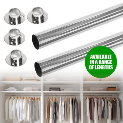 Chrome Wardrobe Rail, Set of 2x 40cm Wall Mounted Clothes Hanging Rail