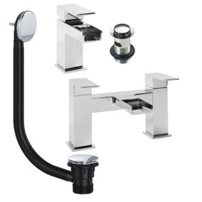 Chrome Waterfall Basin & Bath Filler Tap Pack Including Bath Waste