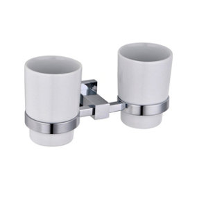 Chromed Brass Bathroom Accessory Double Ceramic Tumbler and Toothbrush Holder