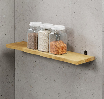 Chunky Pine Shelf Kit 60cm - Wavy Live Edge Wall Display, Metal L Brackets, Antique Wax Finish