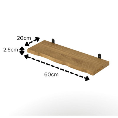 Chunky Pine Shelf Kit 60cm - Wavy Live Edge Wall Display, Metal L Brackets, Antique Wax Finish