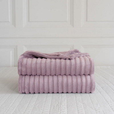 Chunky Ribbed Cord Faux Fur Velvet Touch Sofa Bed Throwover Soft touch Blanket Blush Pink (200 x 240CM)