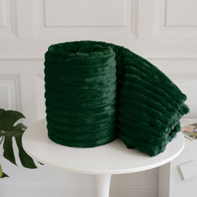 Chunky Ribbed Cord Faux Fur Velvet Touch Sofa Bed Throwover Soft touch Blanket Green  (150 x 200CM)