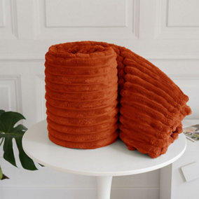 Chunky Ribbed Cord Faux Fur Velvet Touch Sofa Bed Throwover Soft touch Blanket Orange (150 x 200CM)