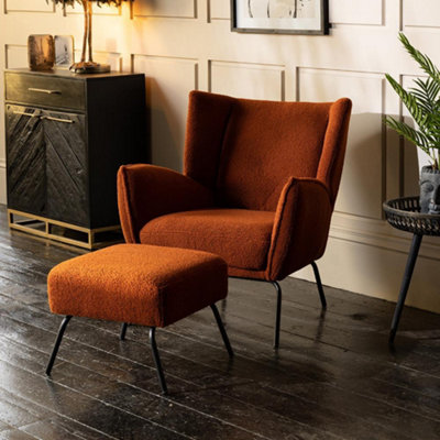 Churchill Armchair Orange Boucle Fabric with Matching Footstool Black Metal Base