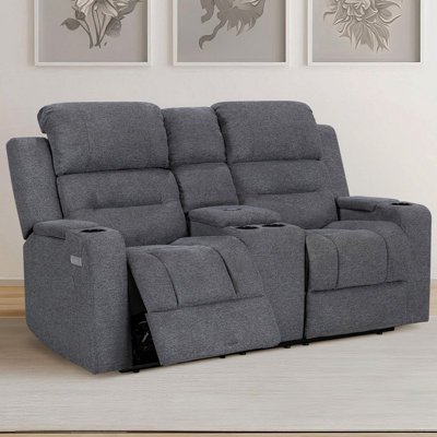 Cinema Electric Reclining 2 Seater Sofa with Wireless Charger and Power Headrests in Grey Woven Fabric - Lawson