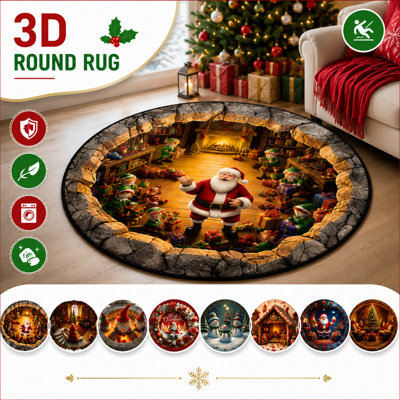 Circle Round Rugs Christmas 3D Printed Illusion Carpet Rugs Anti Slip ...