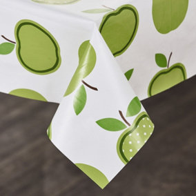 Circular PVC Coated Tablecloth - Waterproof Dining Table Surface Protector Cover - Measures 135cm Diameter, Green Apples